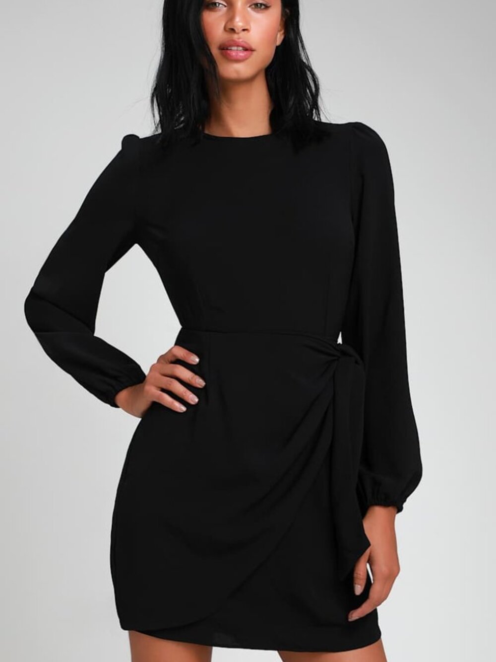 Lulus Believe It or Knot Black Long Sleeve Tie-Front Skater Dress Size L NWT